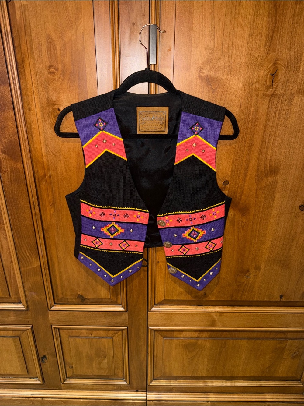 Black Southwestern Embroidered Vest with Purple & Coral Accents